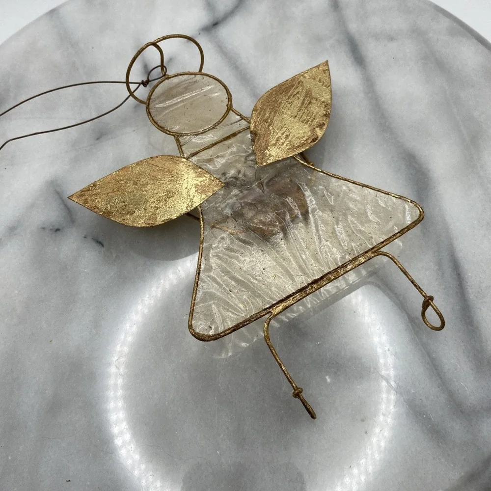 Vintage Gold Guardian Angel Christmas  Ornament Sun Catcher Glass Metal Heaven